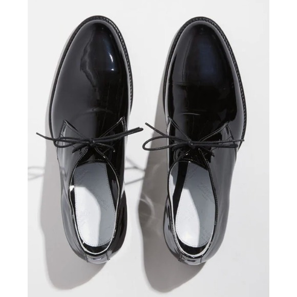 Maison Margiela Navy Patent Leather Lace Up Derby Dress Shoes White Stitch Heel - Picture 14 of 14